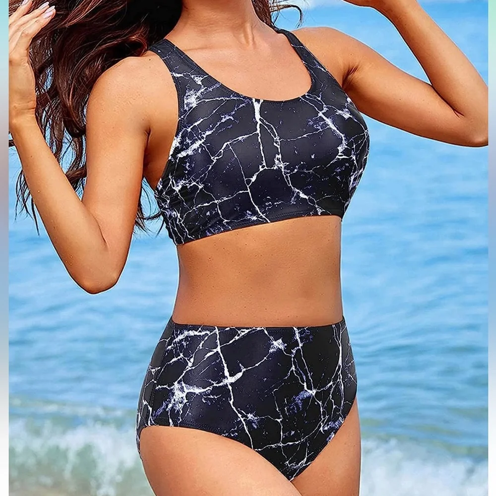 NWT Holipick High Waisted Two Piece Bikini in Marble Small